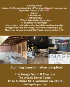 The Image Salon & Day Spa grand opening event, Sept 10 at 1pm. Featuring event details, photos of spa before and after remodel, and a list of activities and giveaways. - The Image Salon & Day Spa, CA