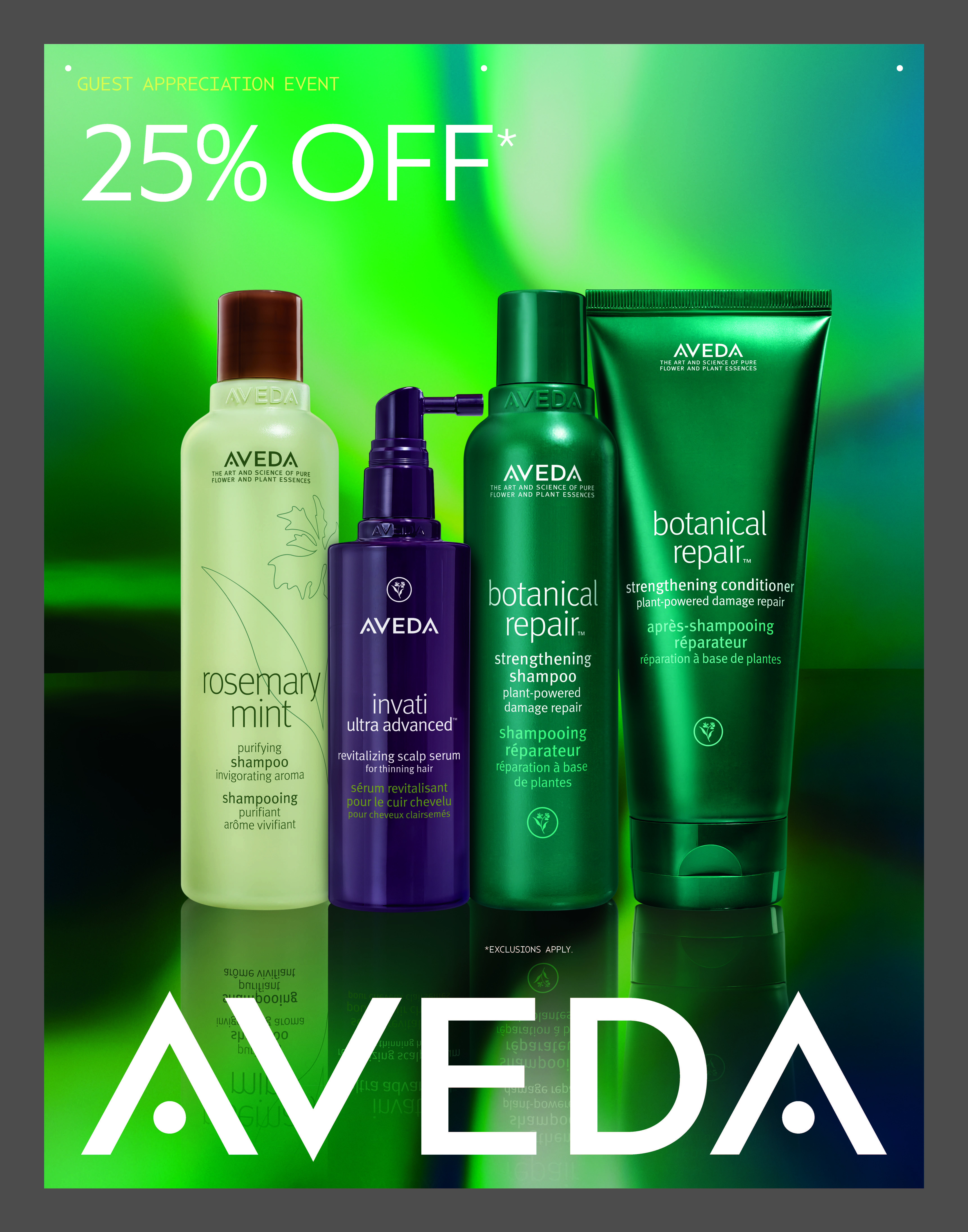 Aveda promotional image showing four hair care products with text: “Guest Appreciation Event 25% Off*” and large Aveda logo at the bottom. - The Image Salon & Day Spa, CA