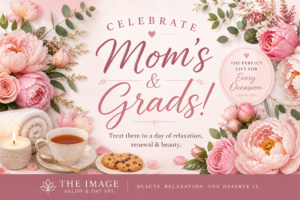 A floral-themed spa gift card advertisement features tea, cookies, a candle, and flowers, inviting you to indulge in Aveda relaxation gifts for moms and grads at The Image Salon & Day Spa this Mother’s Day. - The Image Salon & Day Spa, CA