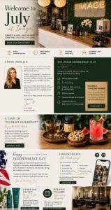 Promotional webpage for a spa and salon, featuring summer events, membership info, special offers, July highlights, notes from the owner, and images of products, drinks, and the spa interior. - The Image Salon & Day Spa, CA