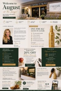 Salon newsletter featuring August promotions, back-to-school discounts, a note from the owner, product highlights, and information about membership and referral programs, all presented with salon imagery. - The Image Salon & Day Spa, CA