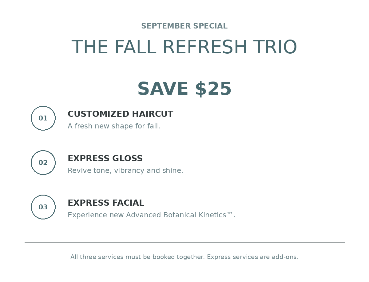 Promotional flyer for a “Fall Refresh Trio” special: $25 off customized haircut, express gloss, and express facial; all services must be booked together. - The Image Salon & Day Spa, CA
