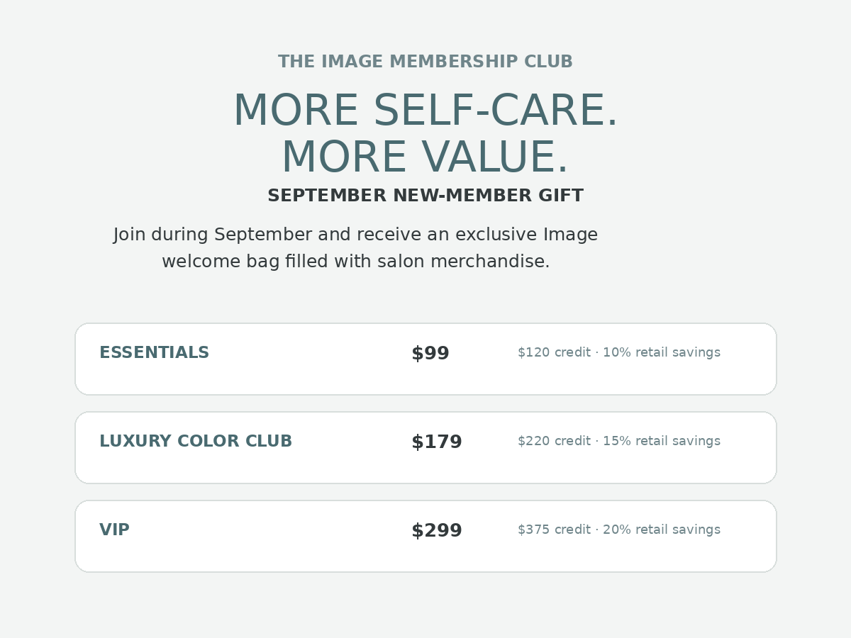 Membership club promotion listing three plans: Essentials for $99, Luxury Color Club for $179, and VIP for $299, each with listed savings and a September new-member gift offer. - The Image Salon & Day Spa, CA